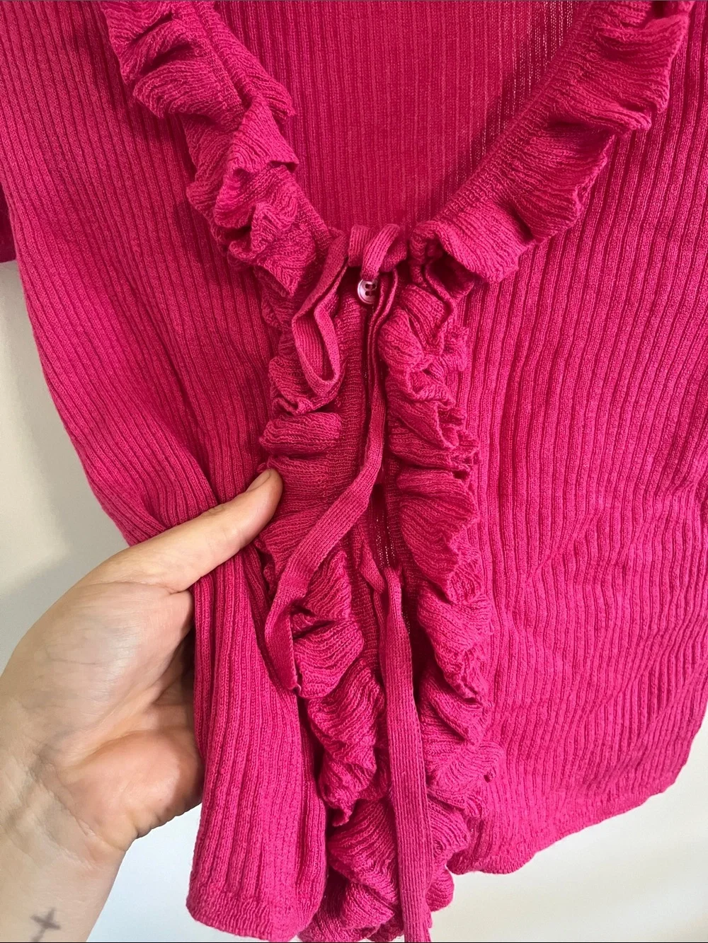 JCrew Hot Pink Ruffle-Front Short Sleeve Knit Top
